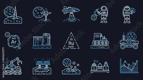 Lunar exploration and colonization line art icons illustrating future possibilities on the moon