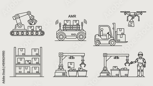 Automation technologies vector line icons showing logistic and delivery processes for industry