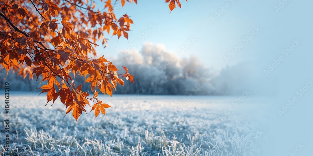 Naklejka premium Autumn leaves on a frozen ground, highlighting seasonal change and natural erosion risk, Earth Day