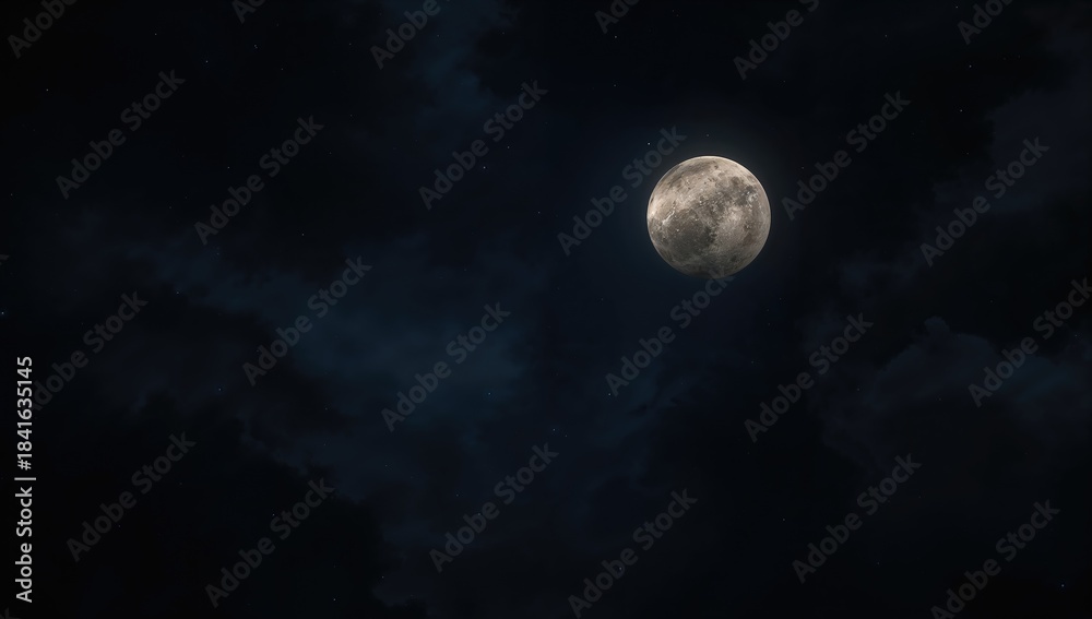 Fototapeta premium Bright full moon illuminating the dark sky, highlighting lunar phases, World Moon Day