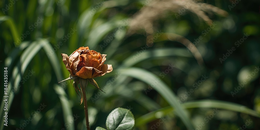 Fototapeta premium A dried rose in a summer garden, natural flower decay, outdoor plant scene