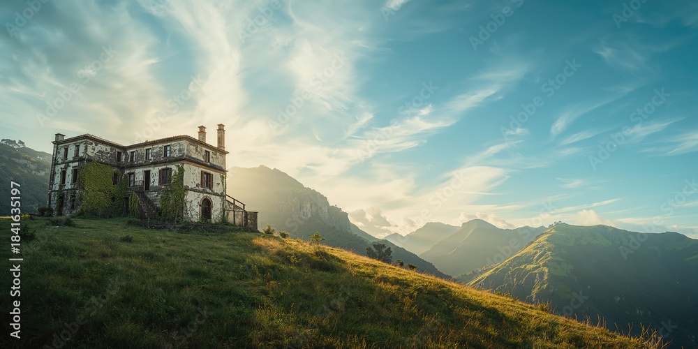 Naklejka premium Derelict hotel ruins against the mountainous backdrop of San Miguel island, summer nature, landscape photography, urban decay