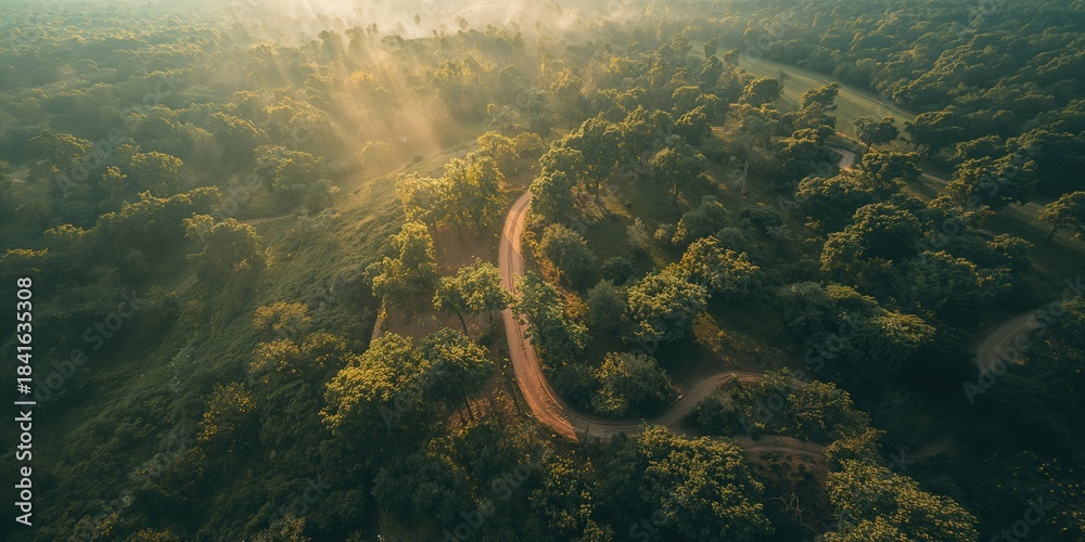 Fototapeta premium Bird's-eye perspective of countryside with dirt paths and wooded areas, highlighting landscape conservation