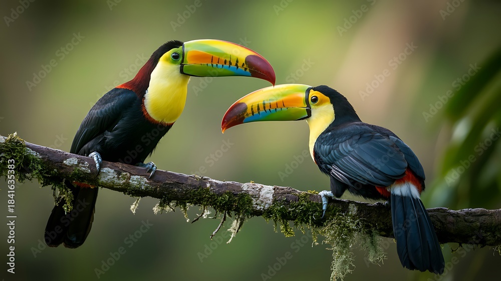 Fototapeta premium Two toucans perched on a branch displaying vibrant plumage and mutual affection
