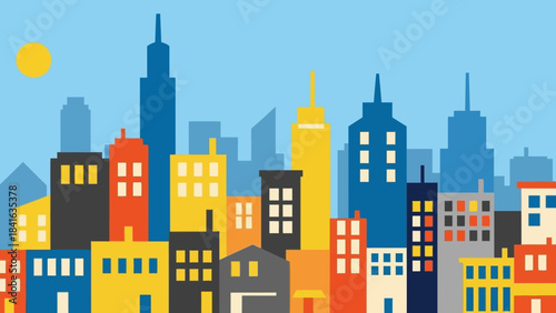 A colorful cartoon cityscape featuring various buildings under a sunny sky backdrop