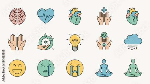 Illustrations depicting mental health well-being and physical wellness for holistic lifestyle and