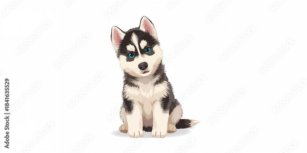 Fototapeta premium Small Siberian husky puppy on white background, focus on playful behavior, pet care awareness day
