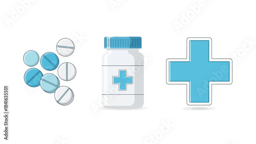 Digital representation of pharmaceutical products: a bottle, pills and a health cross symbol concept