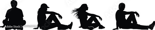 Group of people sitting on ground silhouettes relaxed casual poses outdoor resting illustration design concept minimal black figures diverse sitting positions