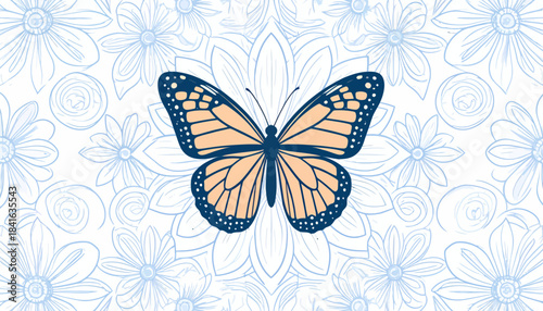 Stylized monarch butterfly with orange and dark blue wings centered on a light blue floral and mandala pattern background.