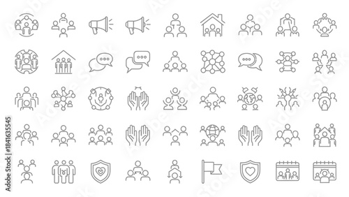 Diverse linear icons representing teamwork collaboration community and communication