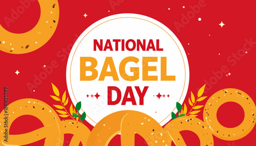 A vibrant red banner celebrating National Bagel Day with golden bagels and wheat illustrations.