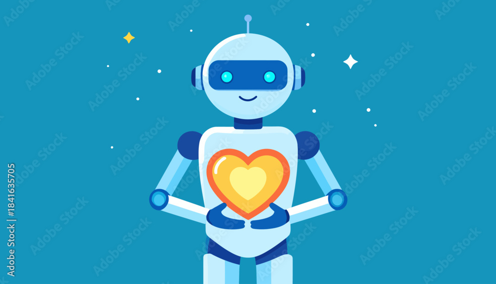 Naklejka premium A friendly robot holding a glowing heart, symbolizing love, care, and artificial intelligence, set against a starry blue background.