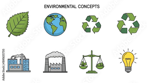 Environmental sustainability concepts vector icons showcasing conservation and pollution awareness