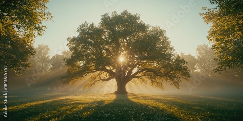 Fototapeta Naklejka Na Ścianę i Meble -  Lush park landscape illuminated by sunrise, natural beauty for editorial header backgrounds, Earth Day