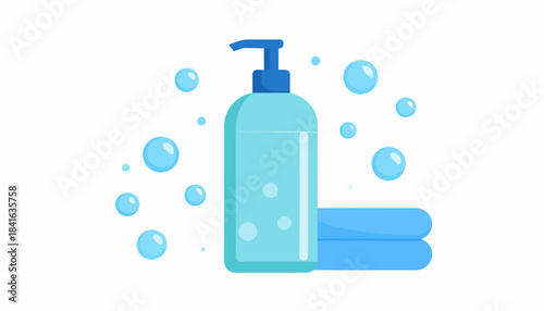 Light blue pump bottle with liquid soap and bubbles, next to two folded blue towels on a white background, representing hygiene and cleanliness.