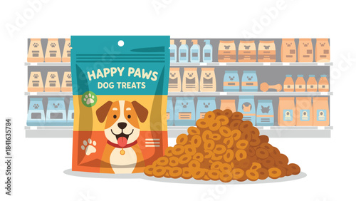 A colorful illustration of a dog treat bag and pile of treats in front of a pet store shelf with eco friendly products
