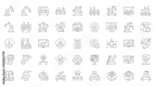 Collection of minimalist line icons depicting modern automated industrial processes