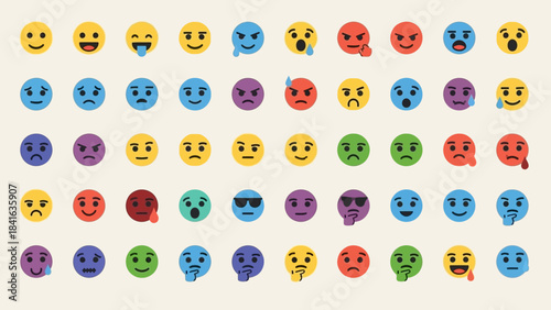 Diversity of emotions represented with a series of colorful emoji faces in pattern formation