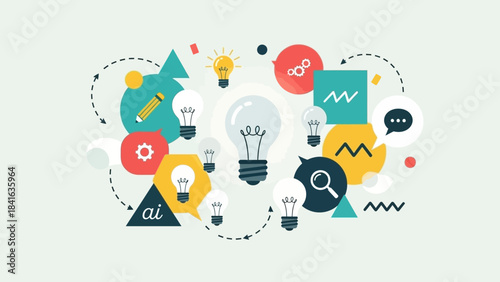 Illustrative conceptualization featuring light bulbs, geometric forms, and communication tools