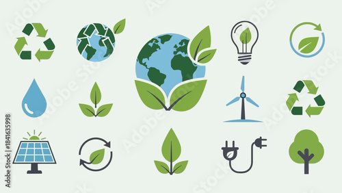 Sustainable energy resources and environmental conservation vector icon collection