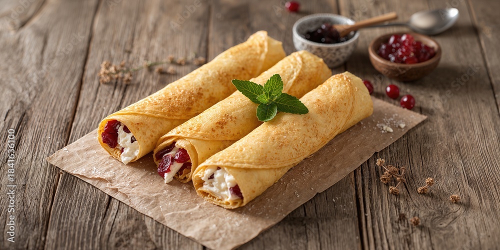 Fototapeta premium Rolled crepes filled with cottage cheese, raisins, jam, and cranberries on a wooden table, textured breakfast presentation