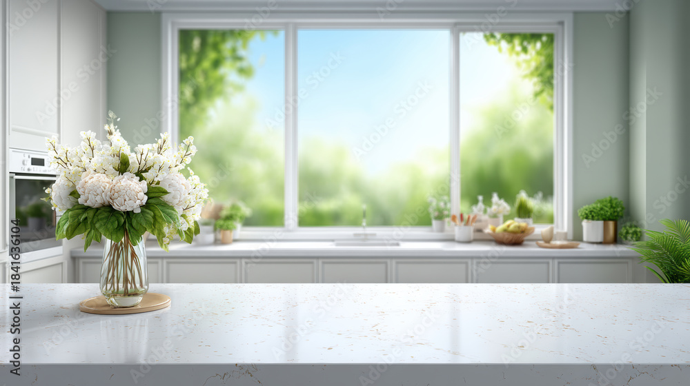 Fototapeta premium Fresh white peony bouquet marble island bright modern kitchen with stable financial calm vibe