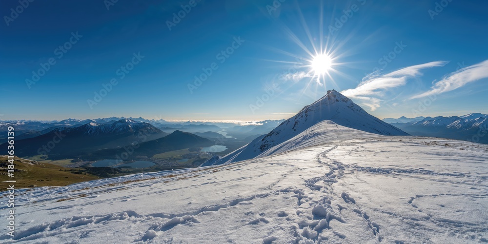Naklejka premium Mountain landscape with snow-covered peaks and clear winter sky, natural beauty and seasonal change