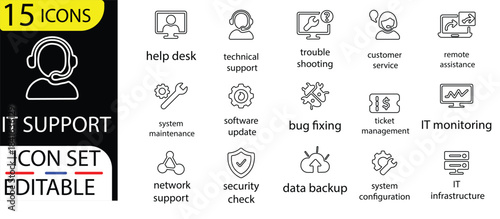 IT Support and Troubleshooting Vector Icon Set for Help Desk.troubleshooting, IT support, help desk, technical assistance, chatbot,support, administrator, web service and more.
