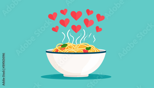 A steaming bowl of delicious spaghetti with hearts floating above, symbolizing love for pasta.