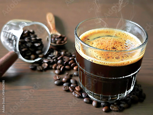 The hot coffee has crema and coffee beans on the wooden floor.