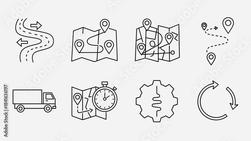 Logistics and navigation elements in a minimalist line art style showcasing modern designs