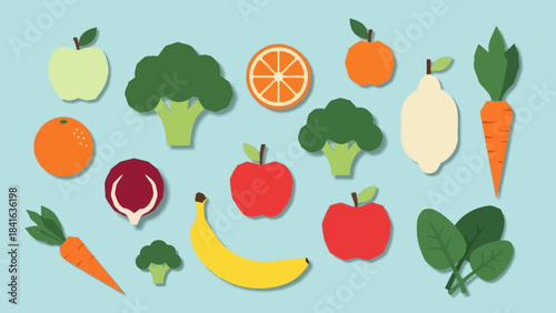 Vibrant assortment of vector fruits and vegetables arranged against a light blue surface