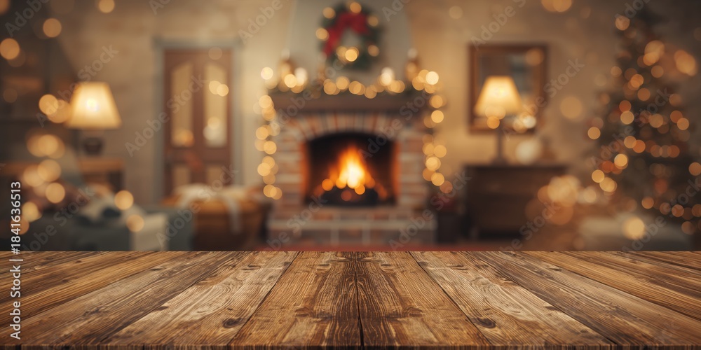 Obraz premium Desk with free space and blurred interior featuring a fireplace, ideal for layout design and editorial backgrounds