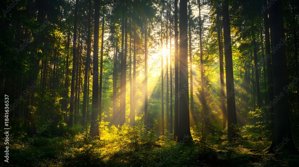 Fototapeta premium Sun shines through tall trees in a lush green forest, suitable for nature blogs, environmentalthemed designs, or calming backgrounds.