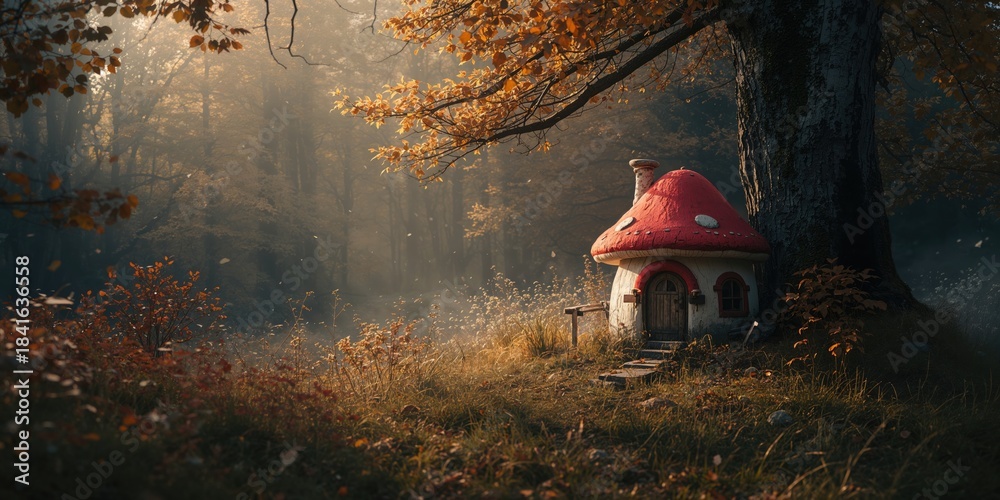 Obraz premium Whimsical mushroom house nestled among trees, highlighting natural woodland architecture, World Environment Day