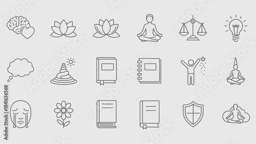 Collection of outline vector icons representing mental wellbeing and personal growth