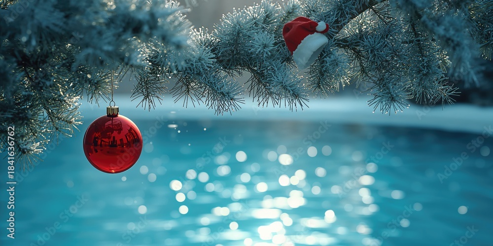 Naklejka premium Holiday adornment on pine tree branch adjacent to swimming pool, seasonal decoration setting