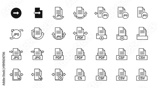 File format conversion and management icons representing diverse file types and actions