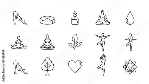 Minimalist Yoga and Wellness Icons Depicting Harmony and Inner Peace Through Symbolic