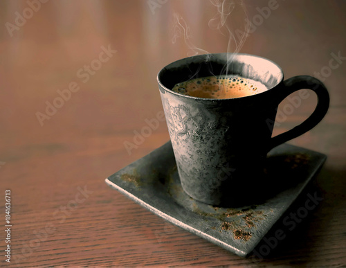 A hot coffee in a classic-looking old mug on a wooden floor.