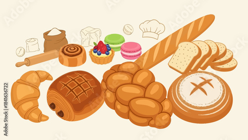 Artistic depiction of an assortment of breads and pastries, a baker's culinary dream