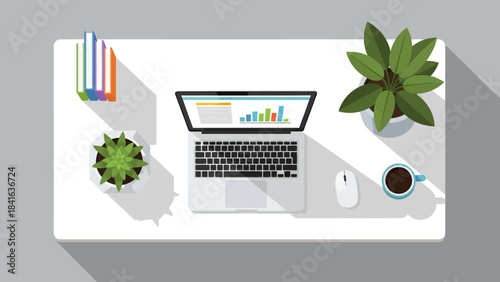 Minimalist workspace illustration featuring laptop with data charts and green plants for