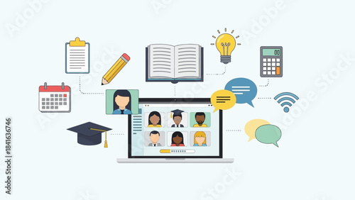Diverse group of students in online class, concept of modern education and learning technologies