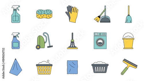 Collection of stylized cleaning equipment icons showcasing various house chores assistance