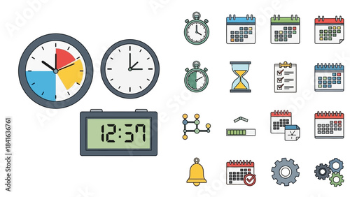 Time management elements conveying work, schedule, deadline, event and project scheduling