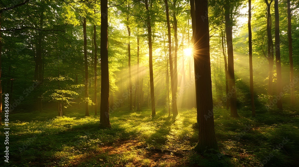 Obraz premium Sunlight shines through lush green forest, creating a serene landscape. Suitable for naturethemed designs, posters, and environmental website headers.