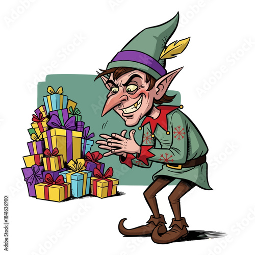 Mischievous cartoon Christmas elf plotting near a large stack of brightly wrapped holiday presents