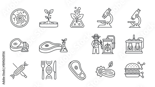 Collection of Line Art Icons Representing Lab Grown Meat, Scientific Research and Alternative Food