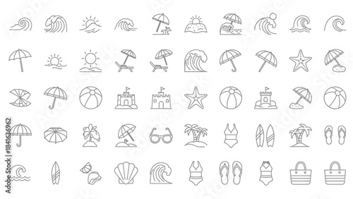 Delicate line art of summer beach vacation elements forming a seamless pattern display